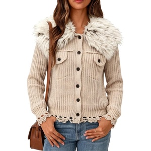 image:imagechouyatou Womens Faux Fur Collar Cable Knit Cardigan Fall Sweater CoatApricot