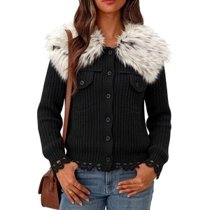 image:imagechouyatou Womens Faux Fur Collar Cable Knit Cardigan Fall Sweater CoatBlack