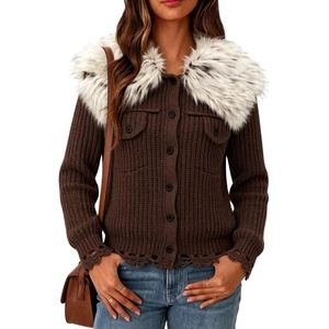 image:imagechouyatou Womens Faux Fur Collar Cable Knit Cardigan Fall Sweater CoatCoffee