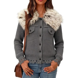 image:imagechouyatou Womens Faux Fur Collar Cable Knit Cardigan Fall Sweater CoatDark Grey