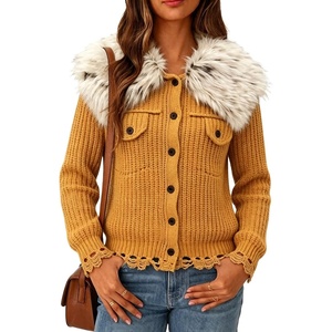 image:imagechouyatou Womens Faux Fur Collar Cable Knit Cardigan Fall Sweater CoatGinger