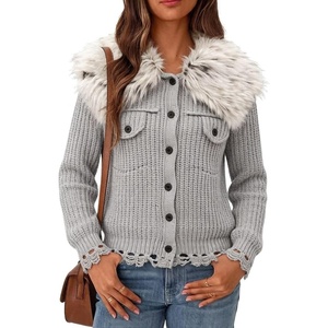 image:imagechouyatou Womens Faux Fur Collar Cable Knit Cardigan Fall Sweater CoatLight Grey
