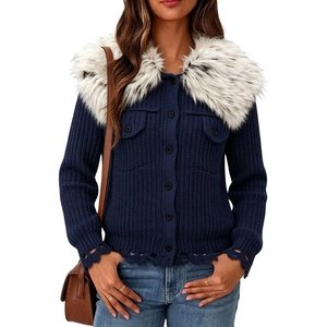 image:imagechouyatou Womens Faux Fur Collar Cable Knit Cardigan Fall Sweater CoatNavy