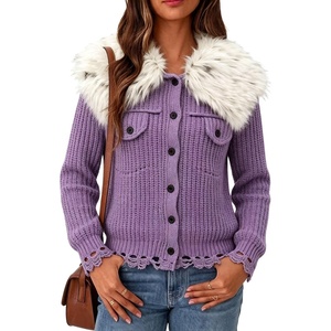 image:imagechouyatou Womens Faux Fur Collar Cable Knit Cardigan Fall Sweater CoatPurple