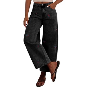 image:imagechouyatou Womens Y2K Cherry Embroidery Denim Pants Boyfriend High Waist Patchwork Wide Leg JeansBlack