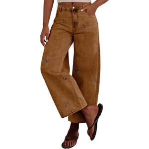 image:imagechouyatou Womens Y2K Cherry Embroidery Denim Pants Boyfriend High Waist Patchwork Wide Leg JeansBrown