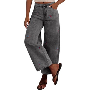 image:imagechouyatou Womens Y2K Cherry Embroidery Denim Pants Boyfriend High Waist Patchwork Wide Leg JeansGrey