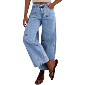 image:imagechouyatou Womens Y2K Cherry Embroidery Denim Pants Boyfriend High Waist Patchwork Wide Leg JeansLight Blue