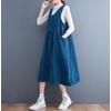 image:imagechouyatou Womens Fall Corduroy Jumper Dress Sleeveless Baby Doll Midi Pinafore Dress with PocketsBlue