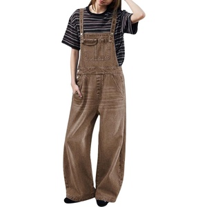 image:imagechouyatou Women Adjustable Strap Denim Bib Overall Wide Leg Jeans JumpsuitBrown