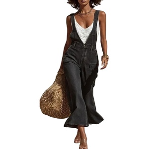 image:imagechouyatou Women Adjustable Strap Denim Bib Overalls Jeans Wide Leg JumpsuitBlack