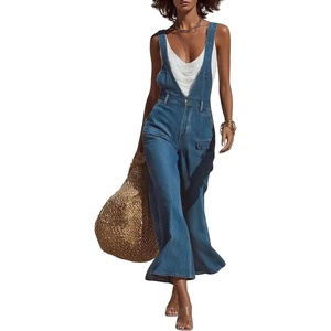 image:imagechouyatou Women Adjustable Strap Denim Bib Overalls Jeans Wide Leg JumpsuitBlue