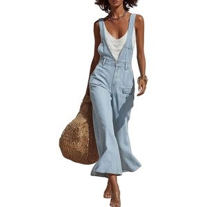 image:imagechouyatou Women Adjustable Strap Denim Bib Overalls Jeans Wide Leg JumpsuitLight Blue