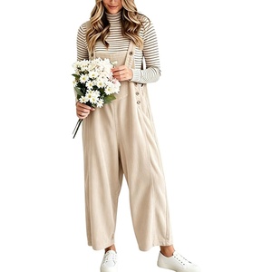 image:imagechouyatou Womens Corduroy Overall Wide Leg One Piece Baggy JumpsuitsBeige