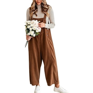 image:imagechouyatou Womens Corduroy Overall Wide Leg One Piece Baggy JumpsuitsBrown