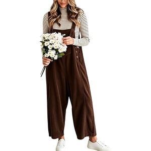 image:imagechouyatou Womens Corduroy Overall Wide Leg One Piece Baggy JumpsuitsCoffee