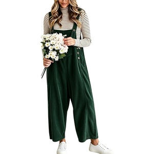 image:imagechouyatou Womens Corduroy Overall Wide Leg One Piece Baggy JumpsuitsGreen