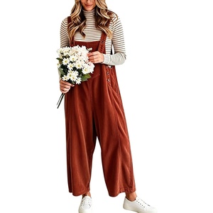 image:imagechouyatou Womens Corduroy Overall Wide Leg One Piece Baggy JumpsuitsOrange