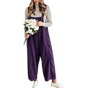 image:imagechouyatou Womens Corduroy Overall Wide Leg One Piece Baggy JumpsuitsPurple
