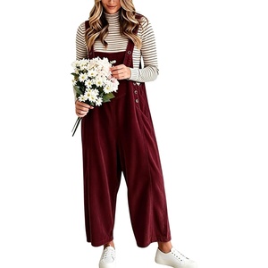 image:imagechouyatou Womens Corduroy Overall Wide Leg One Piece Baggy JumpsuitsWine Red
