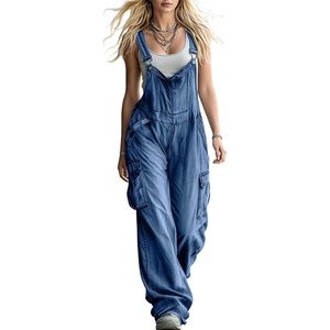 image:imagechouyatou Womens Loose Fit Bib Denim Overalls Wide Leg Jeans JumpsuitsBlue