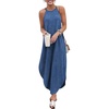 image:imagechouyatou Women Summer Beach Sleeveless Halter Dress Sexy Denim Dress Side Slit Jean Dress Maxi SundressLight Blue
