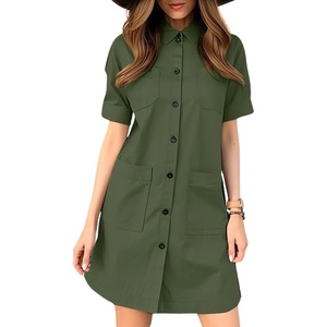 image:imagechouyatou Womens Summer Safari Dress Short Sleeve Button Down Collar Cargo Shirt Dress with PocketsArmy Green