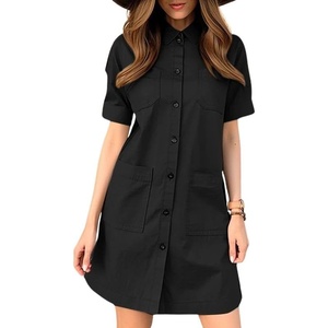 image:imagechouyatou Womens Summer Safari Dress Short Sleeve Button Down Collar Cargo Shirt Dress with PocketsBlack