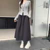 image:imagechouyatou Womens Winter Wool Blend Elastic High Waist A Line Polka Dot Tiered Long Midi Skirt with PocketsDark Grey