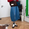 image:imagechouyatou Womens Y2k Zip Up Bubble Denim Skirt High Waist A Line Flowy Midi Jean Skirt with PocketsBlue