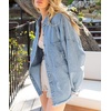 image:imagechouyatou Womens Frayed Ripped Holes Long Sleeve Button Down Oversized Denim Trucker JacketLight Blue