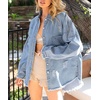 image:imagechouyatou Womens Frayed Ripped Holes Long Sleeve Button Down Oversized Denim Trucker JacketLight Blue