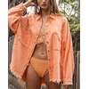 image:imagechouyatou Womens Frayed Ripped Holes Long Sleeve Button Down Oversized Denim Trucker JacketOrange