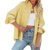image:imagechouyatou Womens Frayed Ripped Holes Long Sleeve Button Down Oversized Denim Trucker JacketYellow