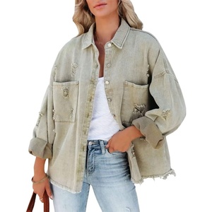 image:imagechouyatou Womens Frayed Ripped Holes Long Sleeve Button Down Oversized Denim Trucker JacketLight Green