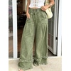 image:imagechouyatou Womens Frayed Fringe Wide Leg Jeans Pleated Baggy Denim PantsArmy Green