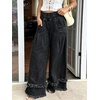 image:imagechouyatou Womens Frayed Fringe Wide Leg Jeans Pleated Baggy Denim PantsBlack