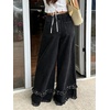 image:imagechouyatou Womens Frayed Fringe Wide Leg Jeans Pleated Baggy Denim PantsBlack