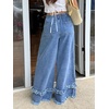 image:imagechouyatou Womens Frayed Fringe Wide Leg Jeans Pleated Baggy Denim PantsBlue