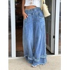 image:imagechouyatou Womens Frayed Fringe Wide Leg Jeans Pleated Baggy Denim PantsBlue