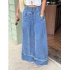 image:imagechouyatou Womens Frayed Fringe Wide Leg Jeans Pleated Baggy Denim PantsBlue