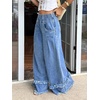 image:imagechouyatou Womens Frayed Fringe Wide Leg Jeans Pleated Baggy Denim PantsBlue