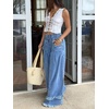 image:imagechouyatou Womens Frayed Fringe Wide Leg Jeans Pleated Baggy Denim PantsBlue