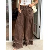 image:imagechouyatou Womens Frayed Fringe Wide Leg Jeans Pleated Baggy Denim PantsBrown