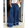 image:imagechouyatou Womens Frayed Fringe Wide Leg Jeans Pleated Baggy Denim PantsDark Blue