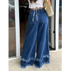 image:imagechouyatou Womens Frayed Fringe Wide Leg Jeans Pleated Baggy Denim PantsDark Blue
