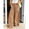 image:imagechouyatou Womens Frayed Fringe Wide Leg Jeans Pleated Baggy Denim PantsKhaki