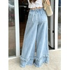 image:imagechouyatou Womens Frayed Fringe Wide Leg Jeans Pleated Baggy Denim PantsLight Blue