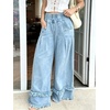 image:imagechouyatou Womens Frayed Fringe Wide Leg Jeans Pleated Baggy Denim PantsLight Blue