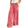 image:imagechouyatou Womens Frayed Fringe Wide Leg Jeans Pleated Baggy Denim PantsWatermelon Red